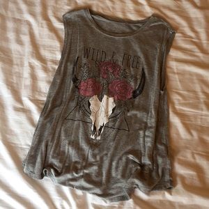 Grey tank top with Bull Cow skull